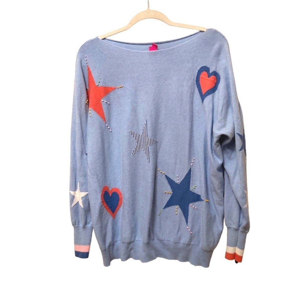 Zaket & Plover Blue Cotton Cashmere Star Heart Embroidered Sweater XL